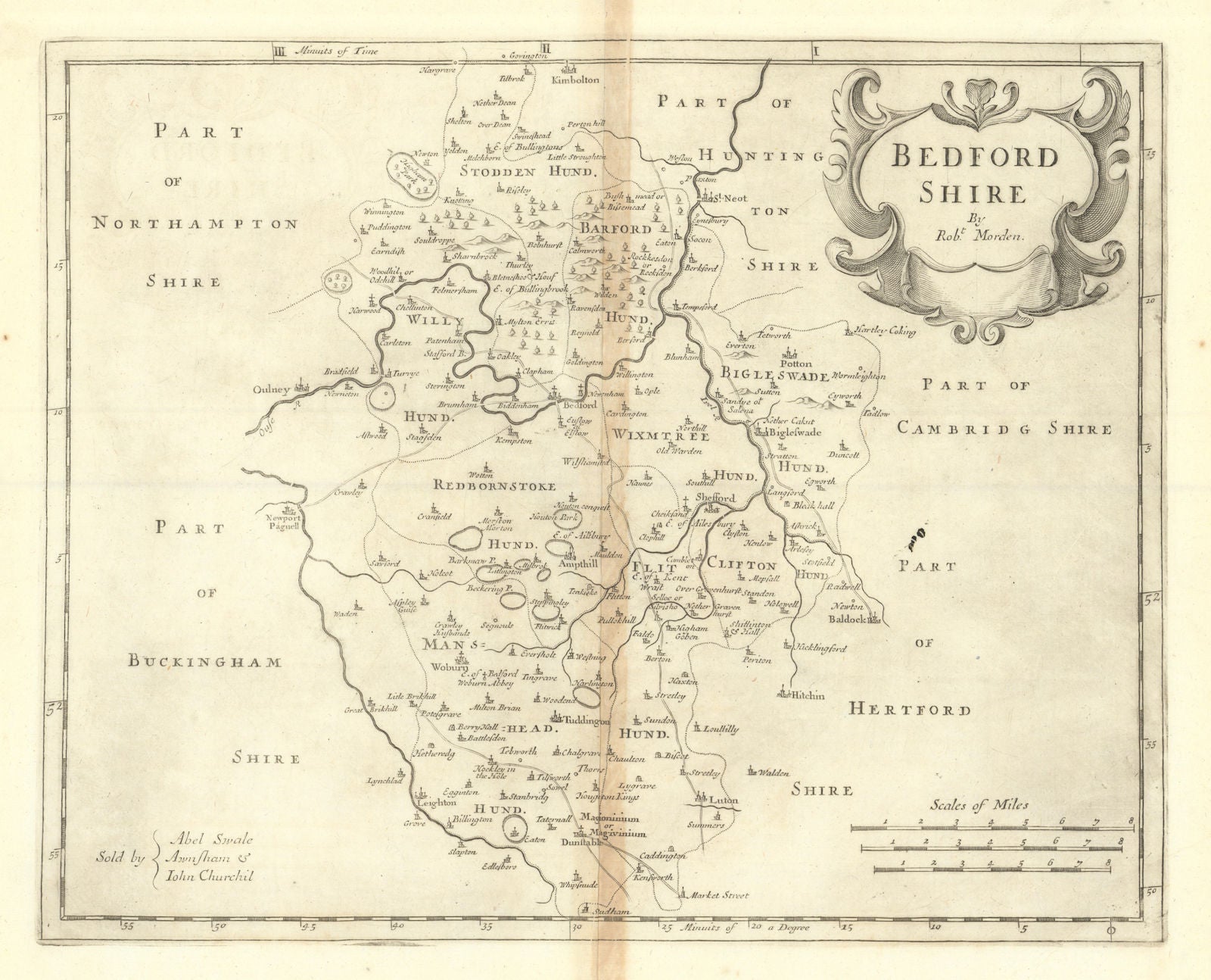 Bedfordshire. 'BEDFORD SHIRE' by ROBERT MORDEN from Camden's Britannia 1695 map